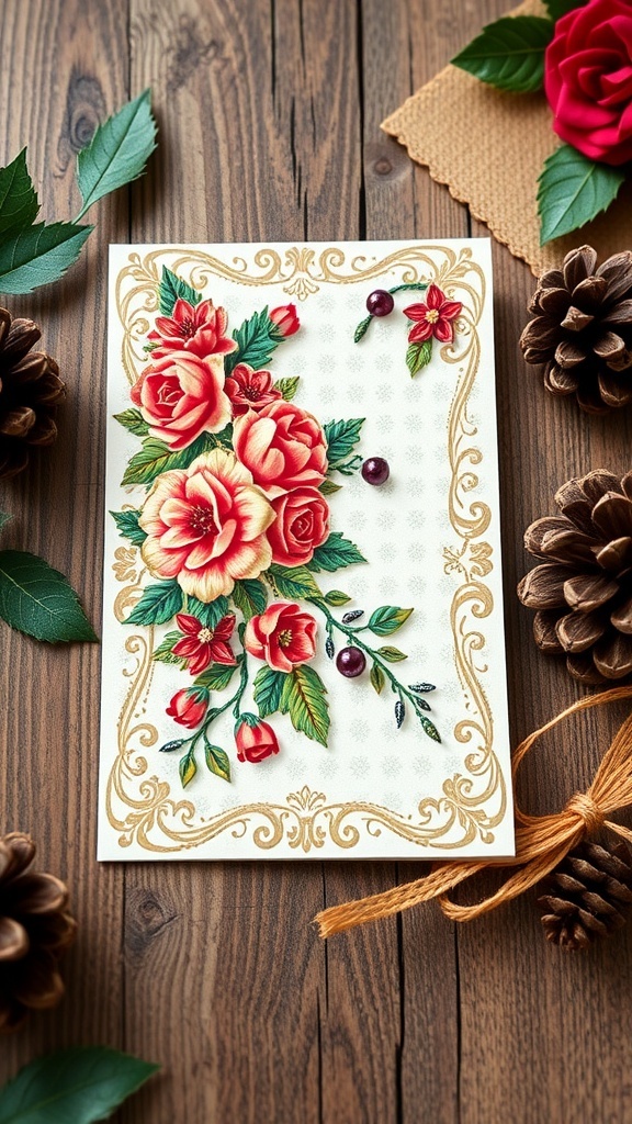 A Victorian-style Christmas card with floral designs and embellishments on a wooden table with festive decorations.